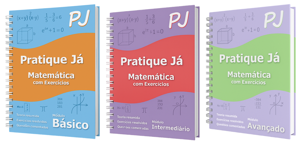 Apostilas de matemática Pratique Já — níveis Básico, Intermediário e Avançado
